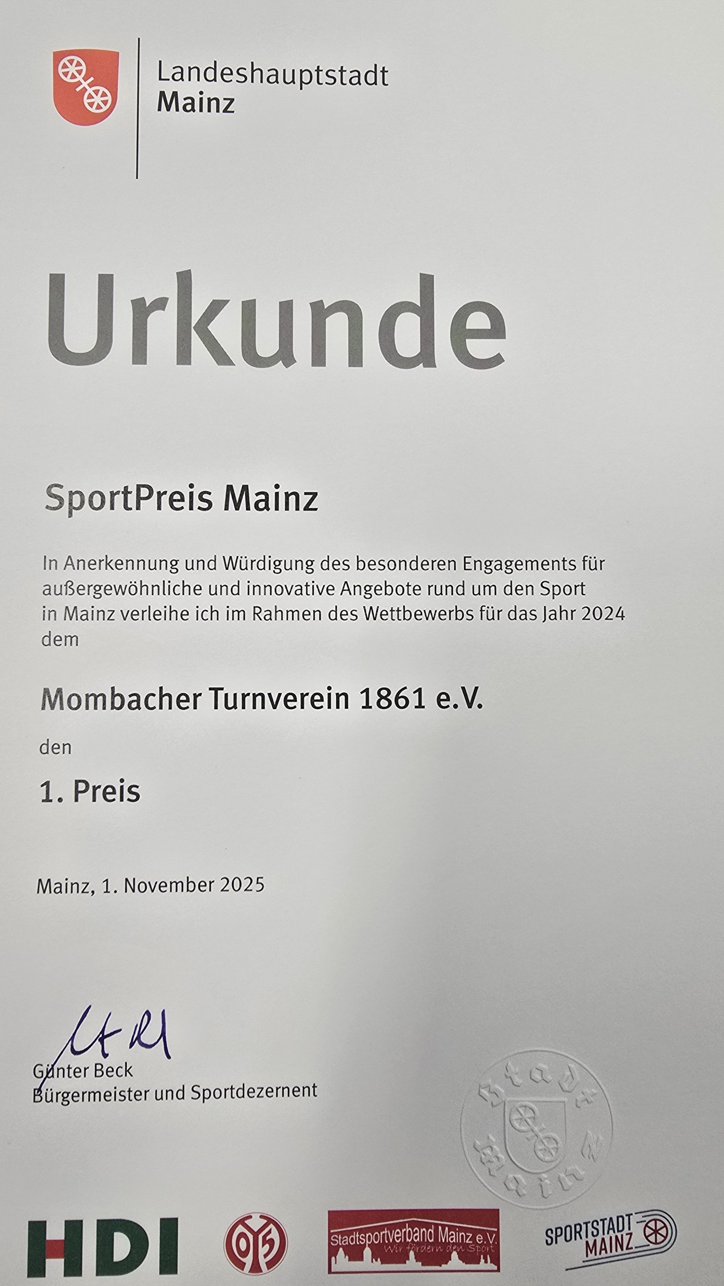 Goldener Triumph: Mombacher Turnverein gewinnt den 1. Platz beim SportPreis Mainz 2024